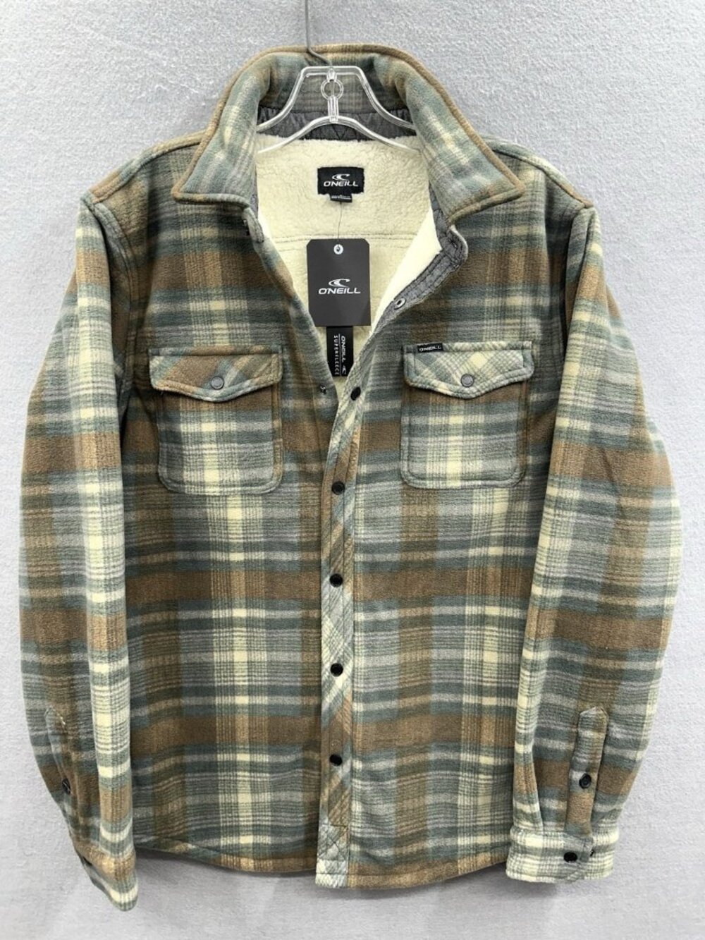 O'Neill Super Fleece Shirt Mens S Shacket Snap Front Spruce Plaid Sherpa Lined